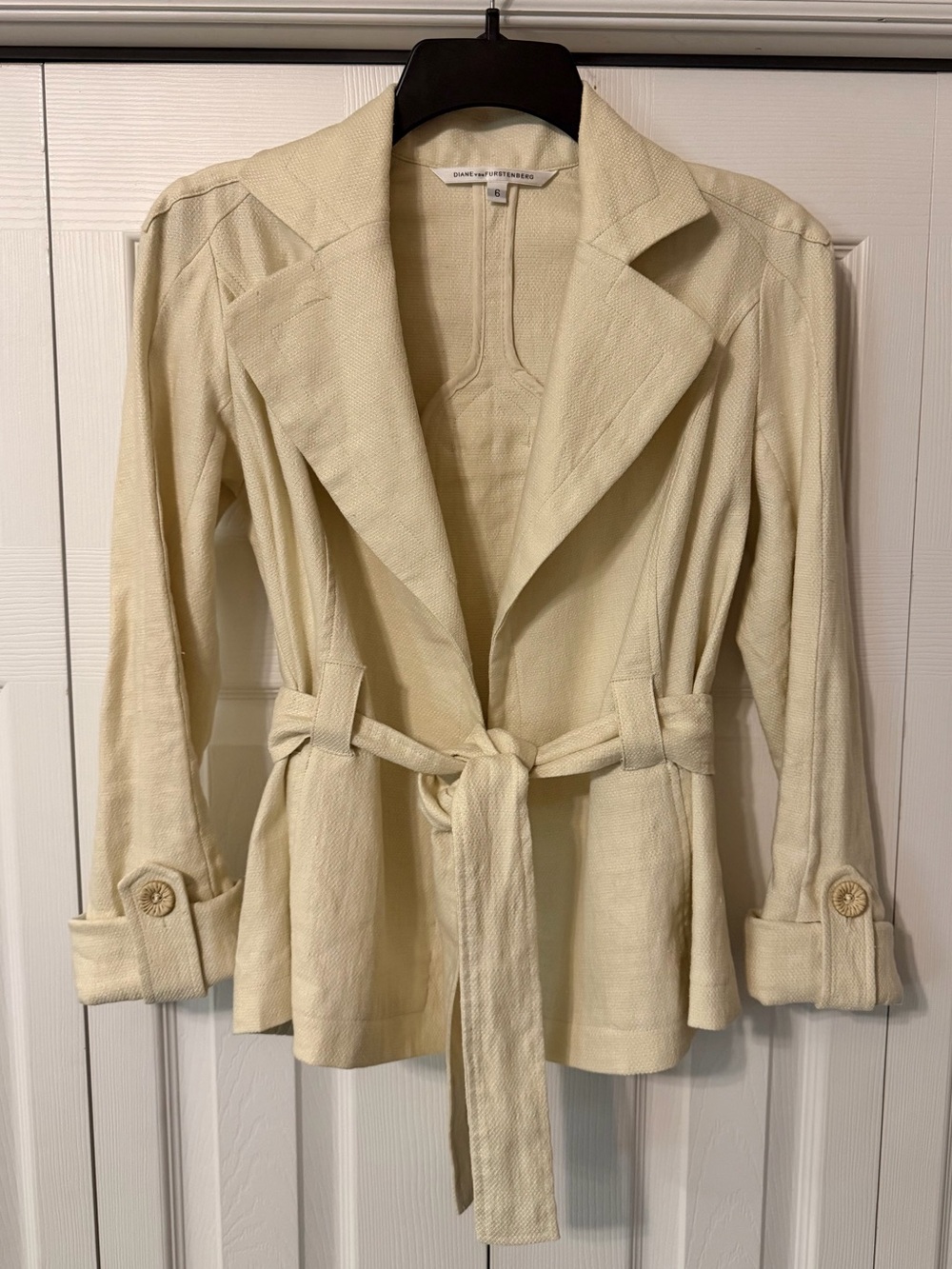 Diane Von Furstenberg Everette Linen Jacket Blazer Tie Waist Size 6 Beige Ivory